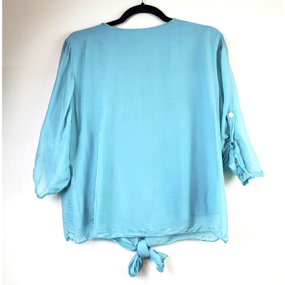 LOLA Made In Italy Womens Top Blue Round Neck Silk Layered Tie Front Flowey - Picture 4 of 9